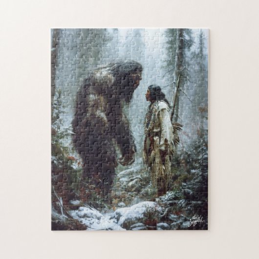 Heilige Ontmoeting: Inheemse Krijger & Bigfoot Puz Legpuzzel (Verticaal)