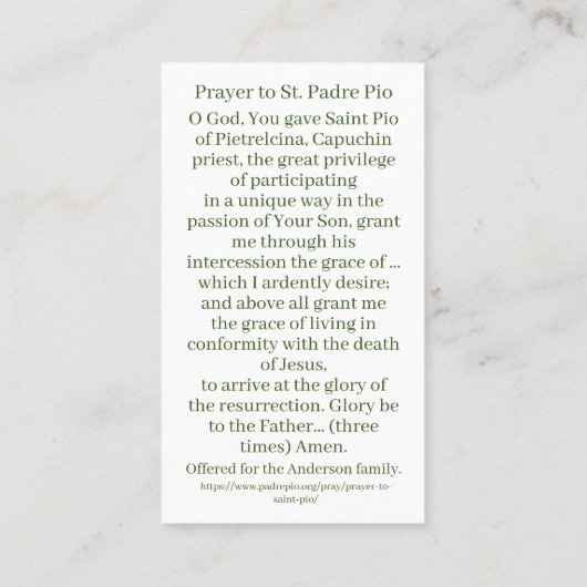Heilige Padre Pio Gebed Kaart Contactkaartje (Achterkant)