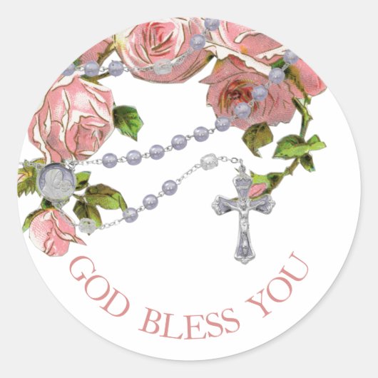 Heilige Rosary Roses Floral Cross Clas Ronde Sticker (Voorkant)