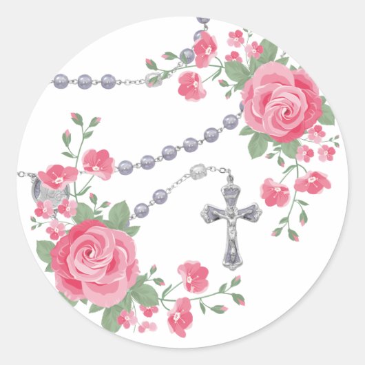 Heilige Rosary Roses Floral Cross Ronde Sticker (Voorkant)