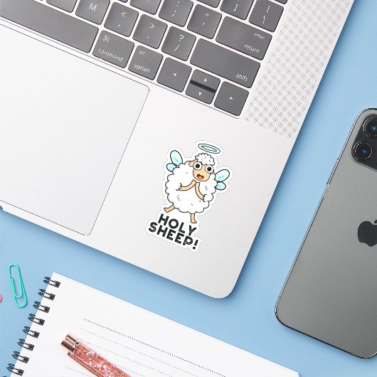 Heilige Schapen Funny Animal Pun Sticker (Laptop met iPhone)