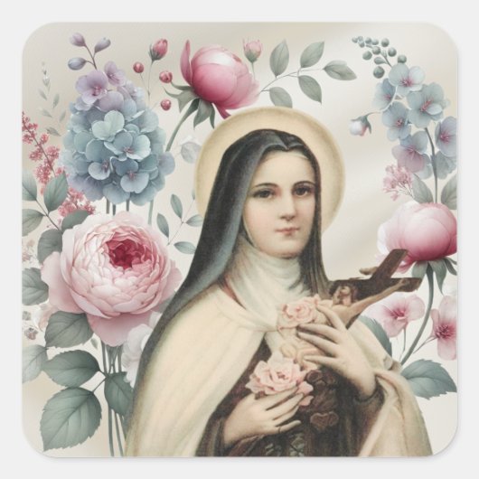 Heilige Theresia van Lisieux Religieuze Rozen Vierkante Sticker (Voorkant)