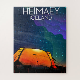 Heimaey, ijsland, kampeervakantie-poster. legpuzzel