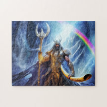 Heimdall en hoorn Gjallarhorn bij de bifrostbrug