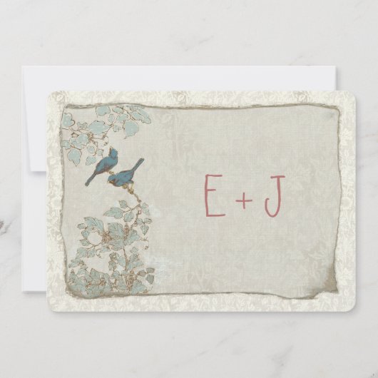 Heirloom Blauwgroen Vogels Damask Wedding Invitati Kaart (Achterkant)