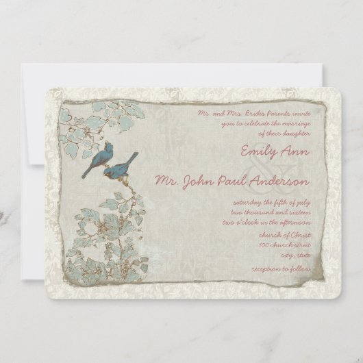 Heirloom Blauwgroen Vogels Damask Wedding Invitati Kaart (Voorkant)