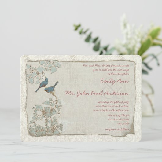 Heirloom Blauwgroen Vogels Damask Wedding Invitati Kaart (Staand voorkant)