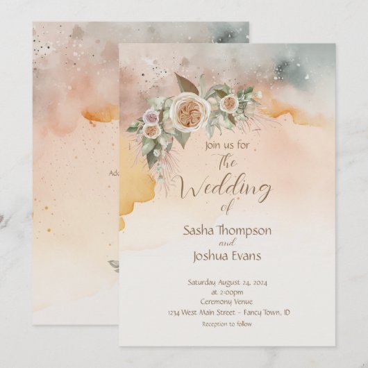 Heirloom  Ivoor Roos Waterverf Bruiloft Kaart (Voorkant / Achterkant)