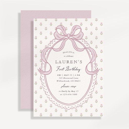 Heirloom Pink Bow Floral Pattern First Birthday In Kaart