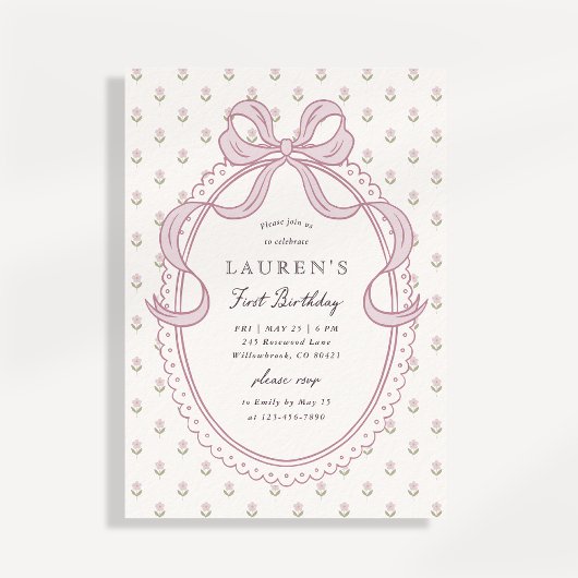 Heirloom Pink Bow Floral Pattern First Birthday In Kaart