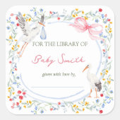 Heirloom Rose Bow and Stork Baby Shower Book Plate Vierkante Sticker (Voorkant)