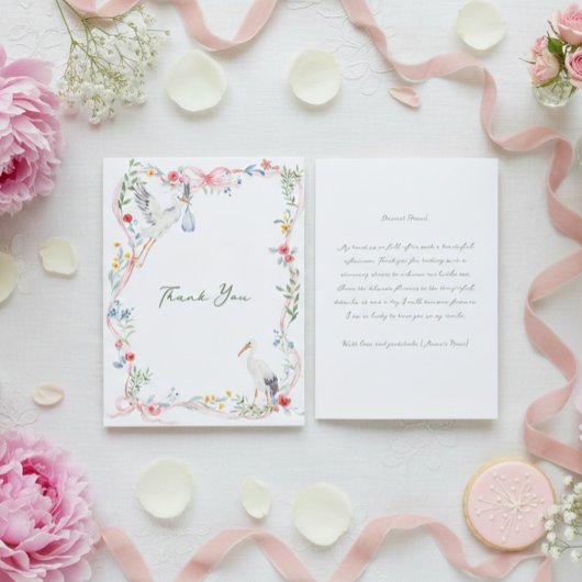 Heirloom Rose Ribbon and Stork Hostess Bedankkaart