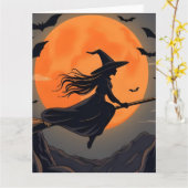 Hek op bezemsteel onder oranje volle maan vliegend kaart (Gele Bloem)