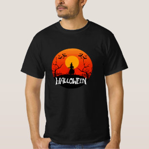 Hek Silhouet Oranje Zonsondergang Maan Halloween T-shirt