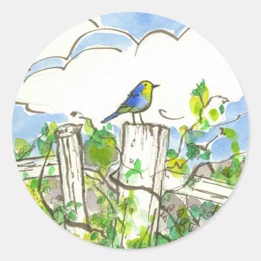 hek voor wolkendek met blauwe vogels ronde sticker (Voorkant)