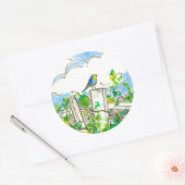 hek voor wolkendek met blauwe vogels ronde sticker (Envelop)
