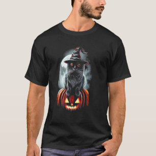 Hek Zwarte Kat op Pompoen Vintage Halloween Maan T-shirt