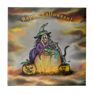 Hekje en zwarte kat, Happy Halloween. Tegeltje