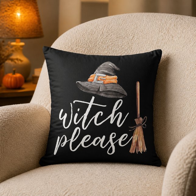 Heks Alsjeblieft Zwarte Waterverf Halloween Kussen (Add a little sass to your spooky season with this whimsical “Witch Please” Halloween throw pillow. )