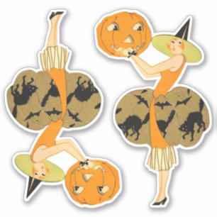 heks Art Deco Witch en Pumpkin Halloween Sticker