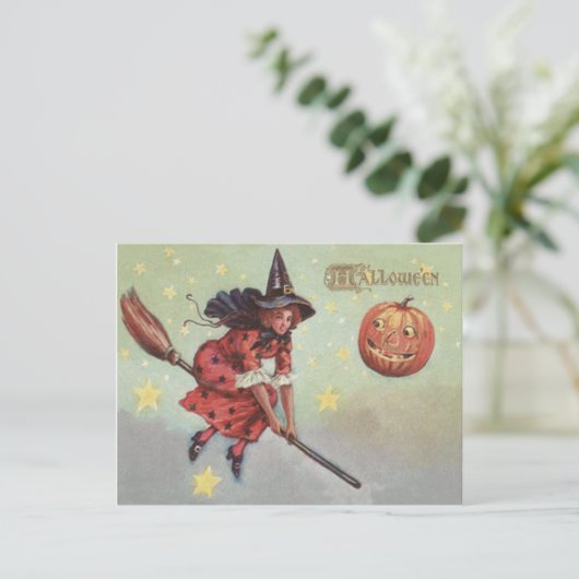Heks bezem Jack O lantaarn Vliegende Sterren Briefkaart (Staand voorkant)