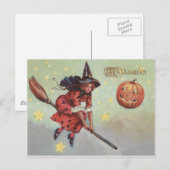 Heks bezem Jack O lantaarn Vliegende Sterren Briefkaart (Voorkant / Achterkant)