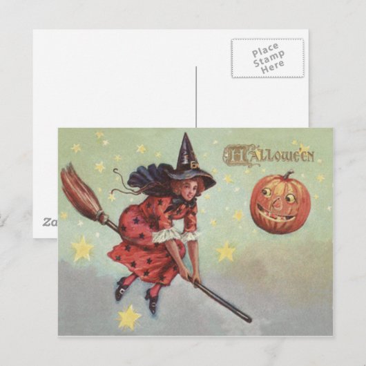 Heks bezem Jack O lantaarn Vliegende Sterren Briefkaart (Voorkant / Achterkant)