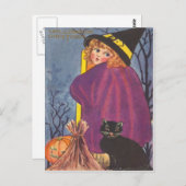 Heks bezem Jack O lantaarn Zwarte kattenbomen Briefkaart (Voorkant / Achterkant)