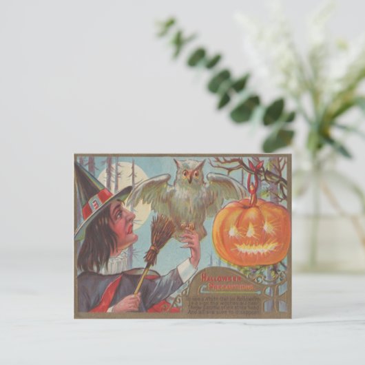 Heks bezem Jack O Lantern Uil Maan Briefkaart (Staand voorkant)