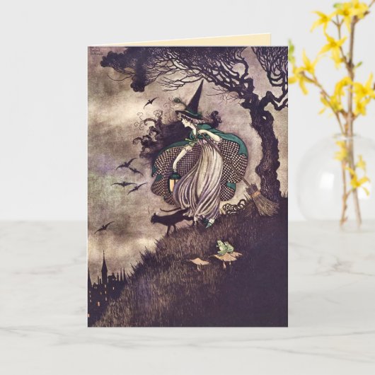  heks bezem kat art nouveau kaart (Gele Bloem)