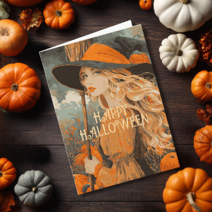Heks Bezemsige Pompoen Elegante Halloween Kaart