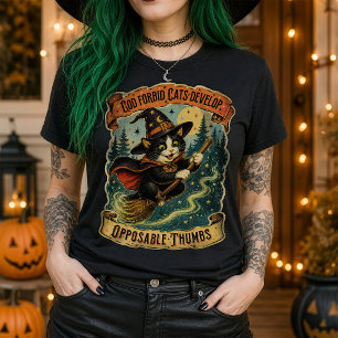 Heks Cat Vliegende Bezemsteel Halloween T-shirt
