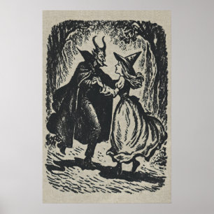 Heks die met de duivel danst Print, vintage Poster