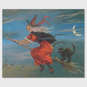 Heks die vliegt met zwarte kat op Halloweenavond Cadeaupapier