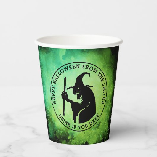 Heks en aangepaste tekst groen zwart Halloween Papieren Bekers (Achterkant)
