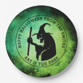 Heks en aangepaste tekst groen zwart Halloween Papieren Bordje (Voorkant)