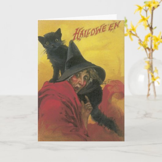 Heks en Black Cat Halloween Kaart (Gele Bloem)