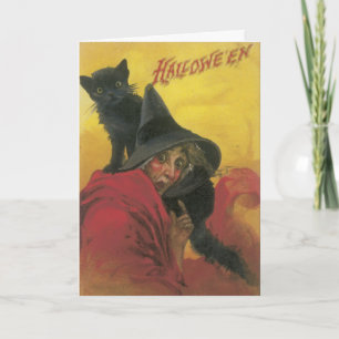 Heks en Black Cat Halloween Kaart