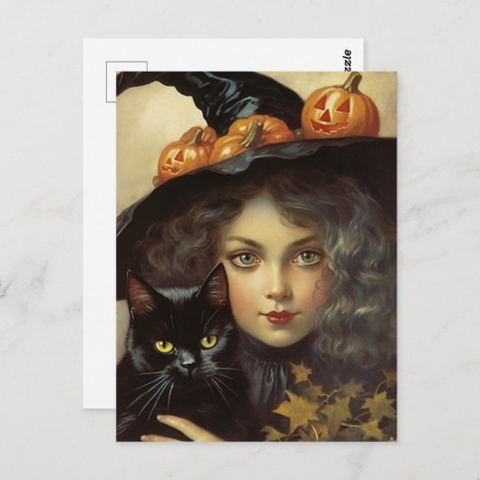  Heks en Black Cat Jack O Lantern Briefkaart (Voorkant / Achterkant)