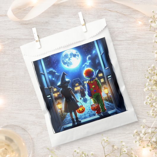 Heks en Clown kijken naar een Monster Halloween Bedankzakje (Geknipt)