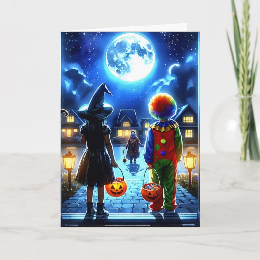 Heks en Clown kijken naar een Monster Halloween Kaart (Voorkant)