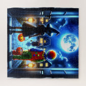 Heks en Clown kijken naar een Monster Halloween Legpuzzel (Horizontaal)