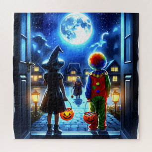 Heks en Clown kijken naar een Monster Halloween Legpuzzel
