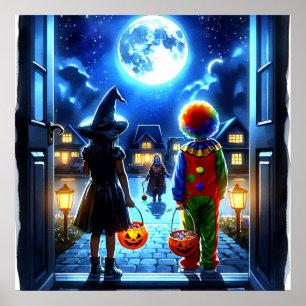 Heks en Clown kijken naar een Monster Halloween Poster