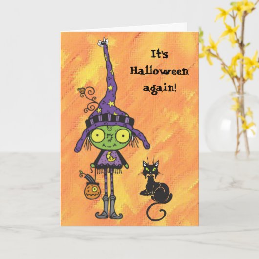 Heks en de Zwarte Kaart van Halloween van de Kat (Gele Bloem)