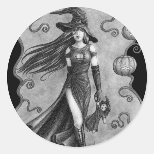 Heks en Doll Halloween Ronde Sticker (Voorkant)