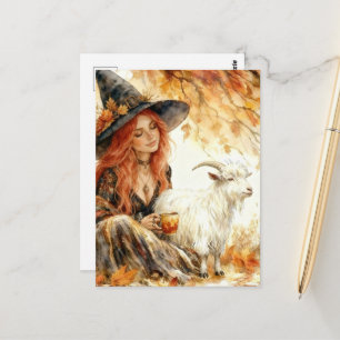 Heks en haar geit Ochtendkoffie in de herfst Briefkaart