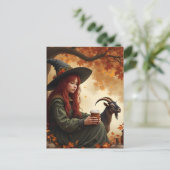 Heks en huisdier geit in de herfst briefkaart (Staand voorkant)