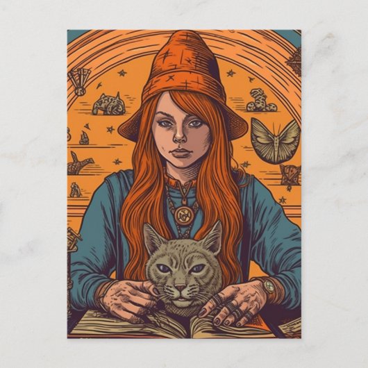 Heks en Kat Briefkaart (Voorkant)