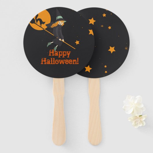 heks en kat Halloween Handwaaier (Voorkant en achterkant)